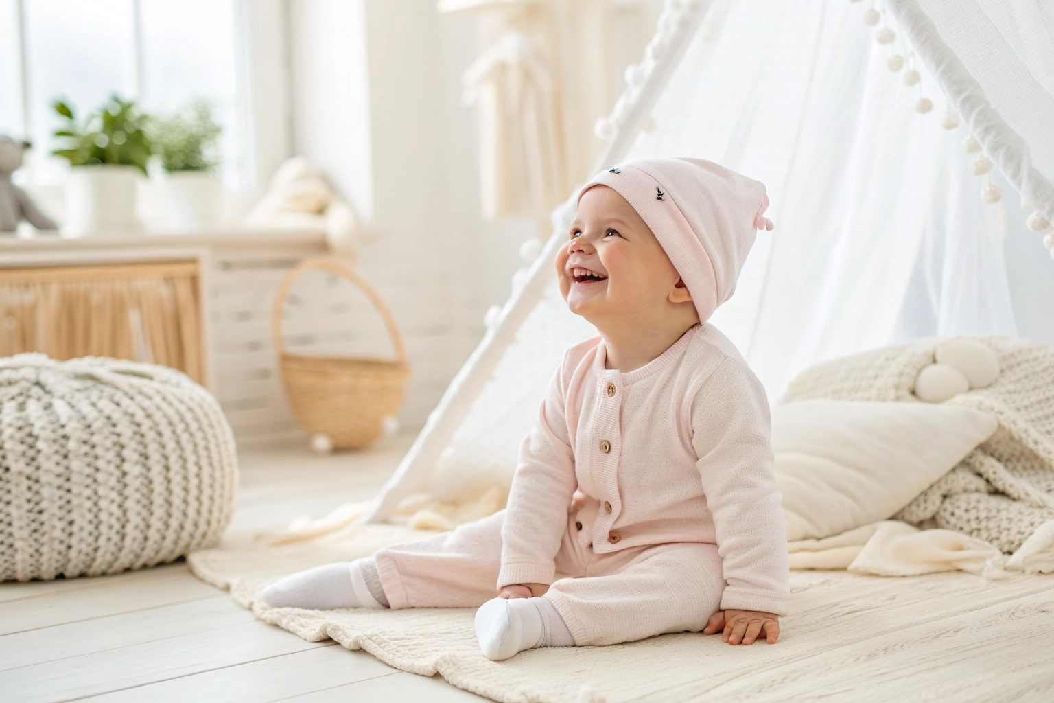 Smiling baby in cozy pastel clothing